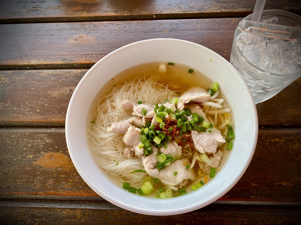 Bowl of pork noodle soup photographed in Phuket, Thailand